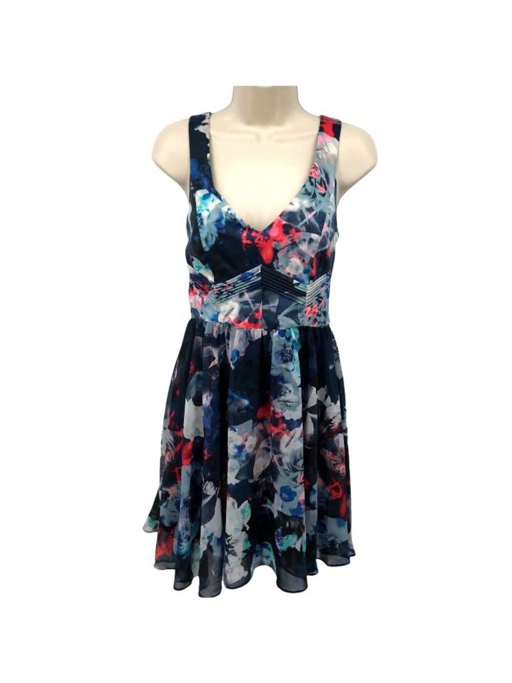 Bardot Floral Print Sleeveless V-Neck Dress US 6/S Navy & Red Cotton Blend